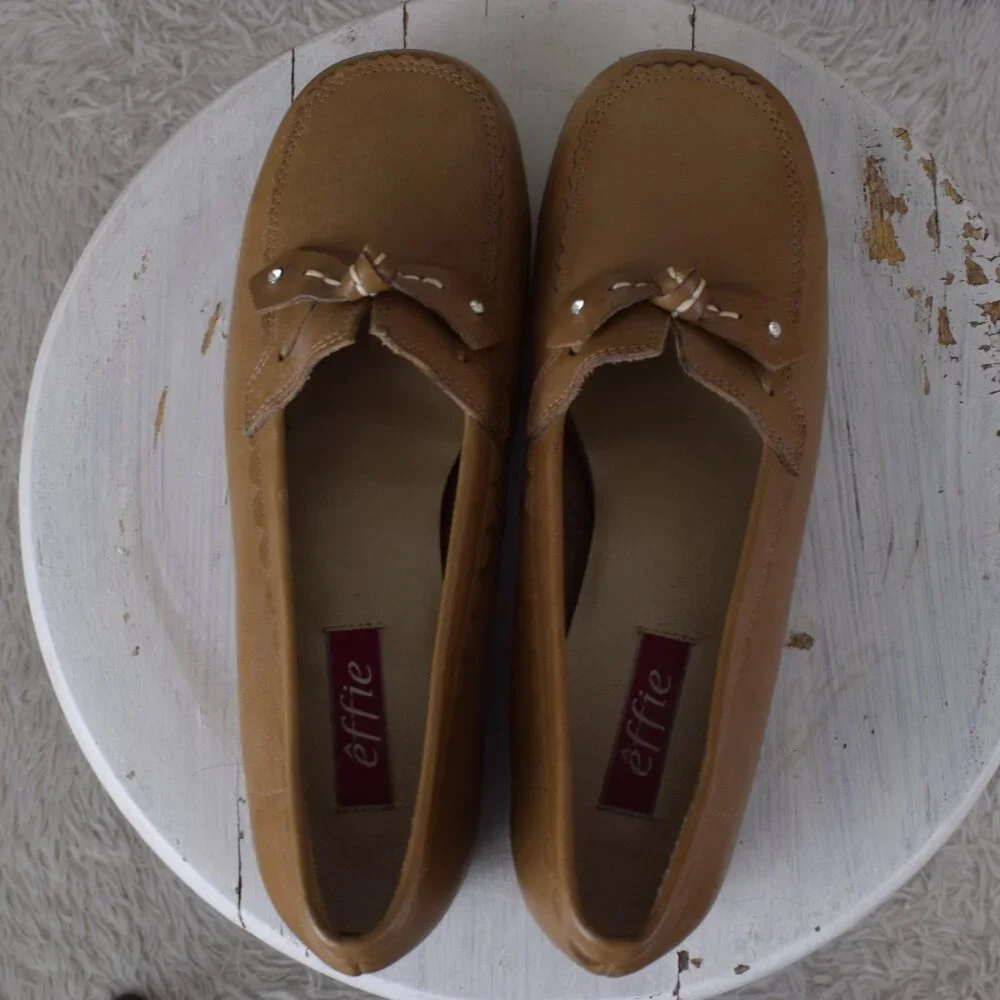 Effie Tan Leather Loafers‎ | Slip-On Flats | Bow Detail | Size 7
